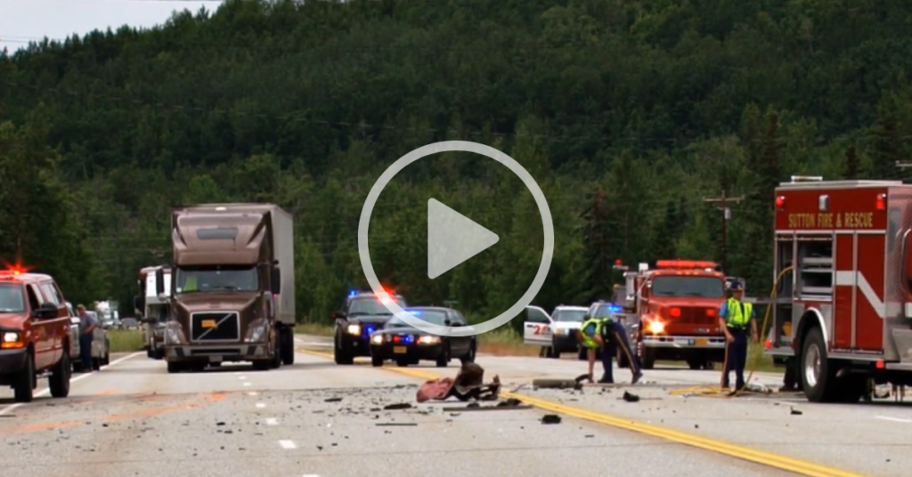 accident response, semi truck wreckage, fire truck and police cars a scene of wreck